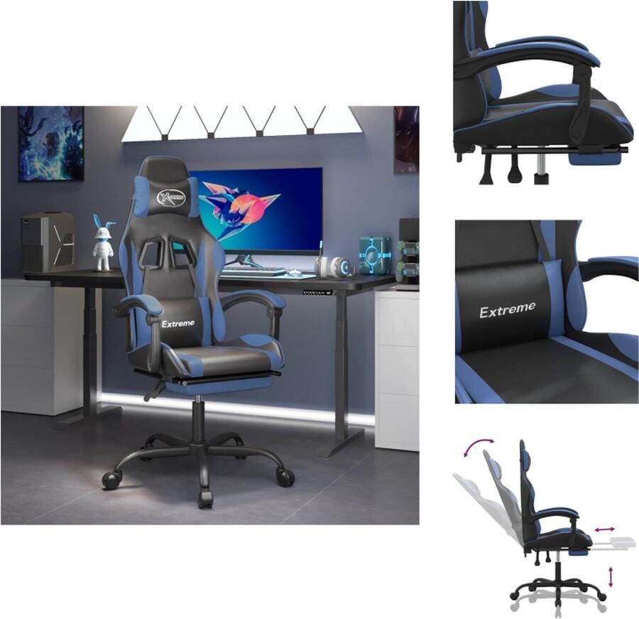 VidaXL Gamestoel Zwart Blauw Liggend- 57.5 x 129.5 x (108.5 118.5) cm Zithoogte 44.5 54.5 cm Verstelbare rugleuning en voetensteun Stevig frame Kunstleer materiaal Bureaustoel - Foto 3