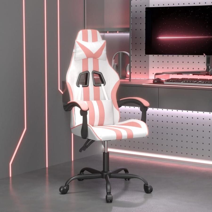 VidaXL Gamestoel Kunstleer Wit en Roze Gamestoel Gamingstoel Bureaustoel Ergonomische Stoel Witte Stoel Roze Stoel Kunstleder Verstelbare Stoel Extra Kussens Draaibare Stoel