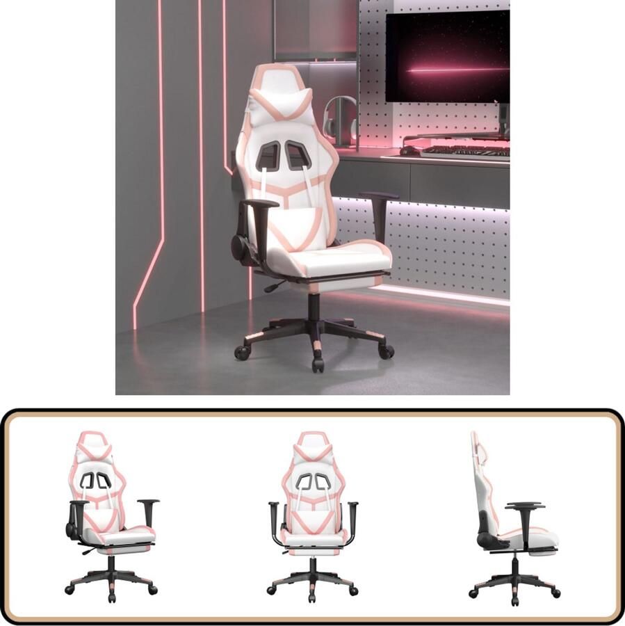 VidaXL Gamestoel Kunstleer Wit en Roze Met Voetensteun Gamestoel Gamingstoel Bureaustoel Kunstleder Meubilair Witte Stoel