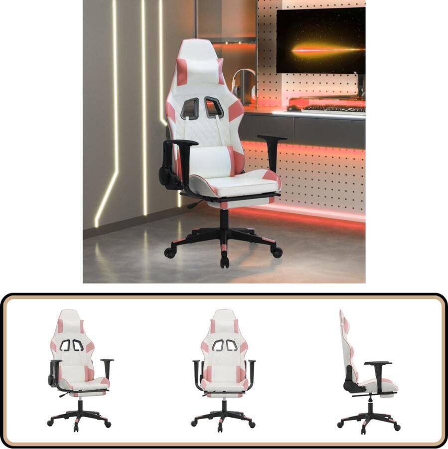 VidaXL Gamestoel Kunstleer Wit en Roze Met Voetensteun Gamestoel Gamingstoel Bureaustoel Racecarstoel Witte Stoel Roze Stoel Kunstlederen Stoel Verstelbare Stoel Ergonomische Stoel