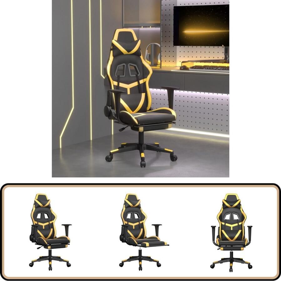 VidaXL Massage Gamestoel Voetensteun Zwart & Goud Gamestoel Gamingstoel Ergonomische Stoel Massage Functie Verstelbare Stoel