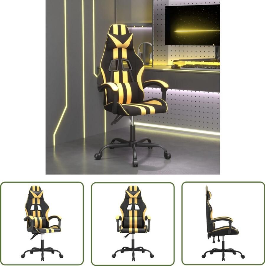 VidaXL Gamestoel Kunstleer Zwart en Goud Verstelbaar Gamestoel Gamingstoel Pc Stoel Bureaustool Ergonomische Stoel Sportstoelen Kantoorstoel Lederlook Gouden Details Verstelbare Rugleuning Verstelbare Hoogte