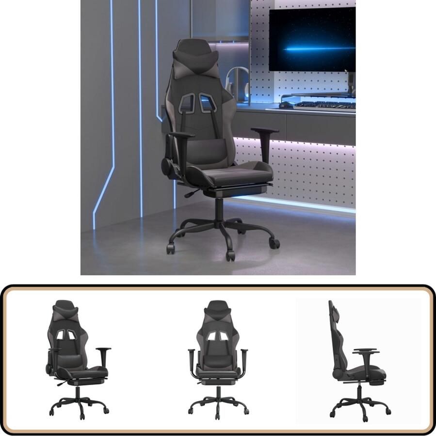 VidaXL Gamestoel Kunstleer Zwart Grijs met Voetensteun Gamestoel Gamingstoel Ergonomische Stoel Bureaustoel Kantoorstoelen Computerstoel Sportstoel Zwarte Stoel Grijze Stoel Kunstleder Verstelbaar Roterende Stoel