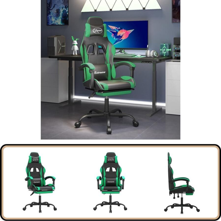 VidaXL Gamestoel Kunstleer Zwart Groen Verstelbaar Gamestoel Ergonomische Gamingstoel Gamingstoelen Pc Gamingstoel Gamerstoel