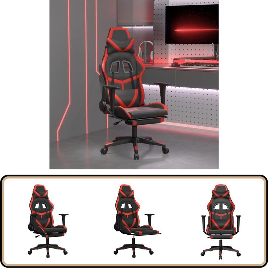 VidaXL Gamestoel Massage Kunstleer Zwart en Rood Gamestoel Gamingstoel Ergonomische Stoel Massage Functie Kunstleder Robuuste Stoel Computerstoelen Bureaustolen