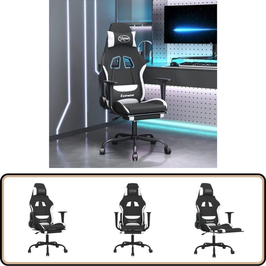 VidaXL Gamestoel Massage Zwart Wit Met Voetensteun Gamingstoel Ergonomische Gamingstoel Massagegamestoel Bureaustoel Kantoorstoelen