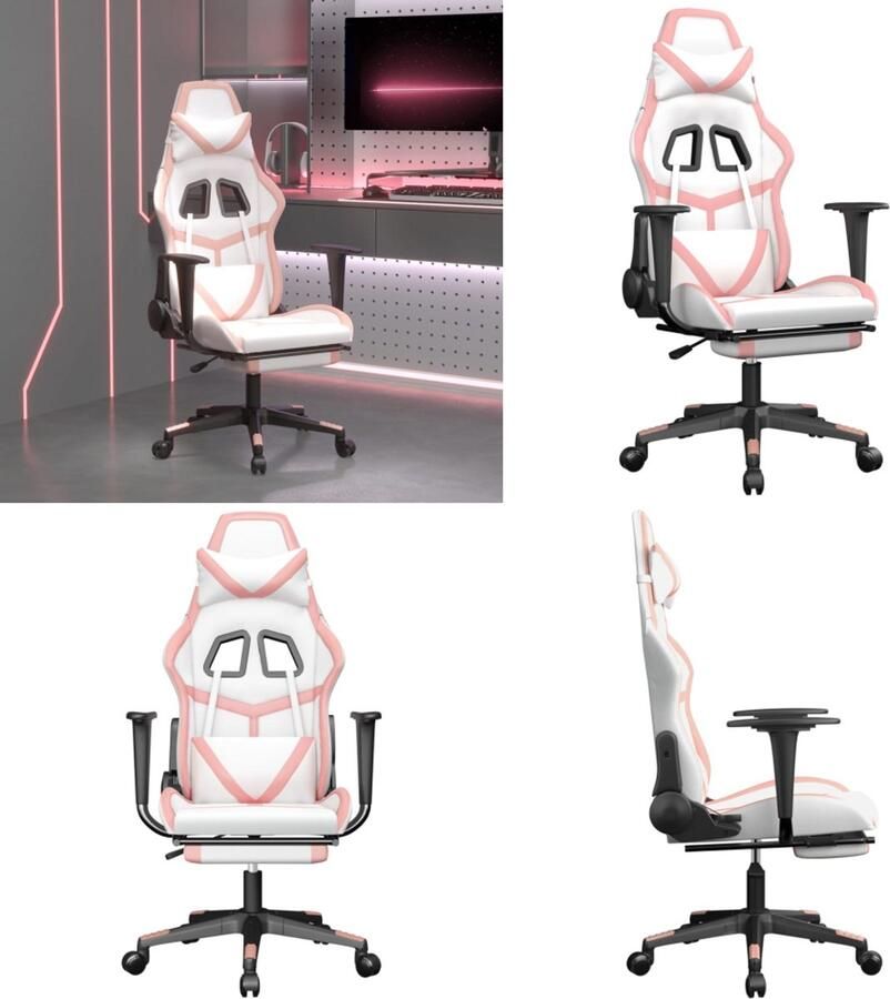 The Living Store Gamestoel Kunstleer Verstelbaar Wit Roze 67x64x127 cm Gamingstoel Gamingstoelen Racecarstoel Bureaustoel Kunstleder Meubels - Foto 3