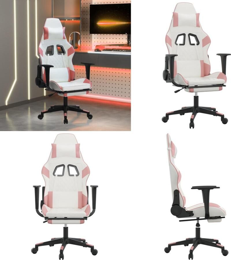 VidaXL Gamestoel met voetensteun kunstleer wit en roze Gamingstoel Gamingstoelen Televisiestoel Racingstoel