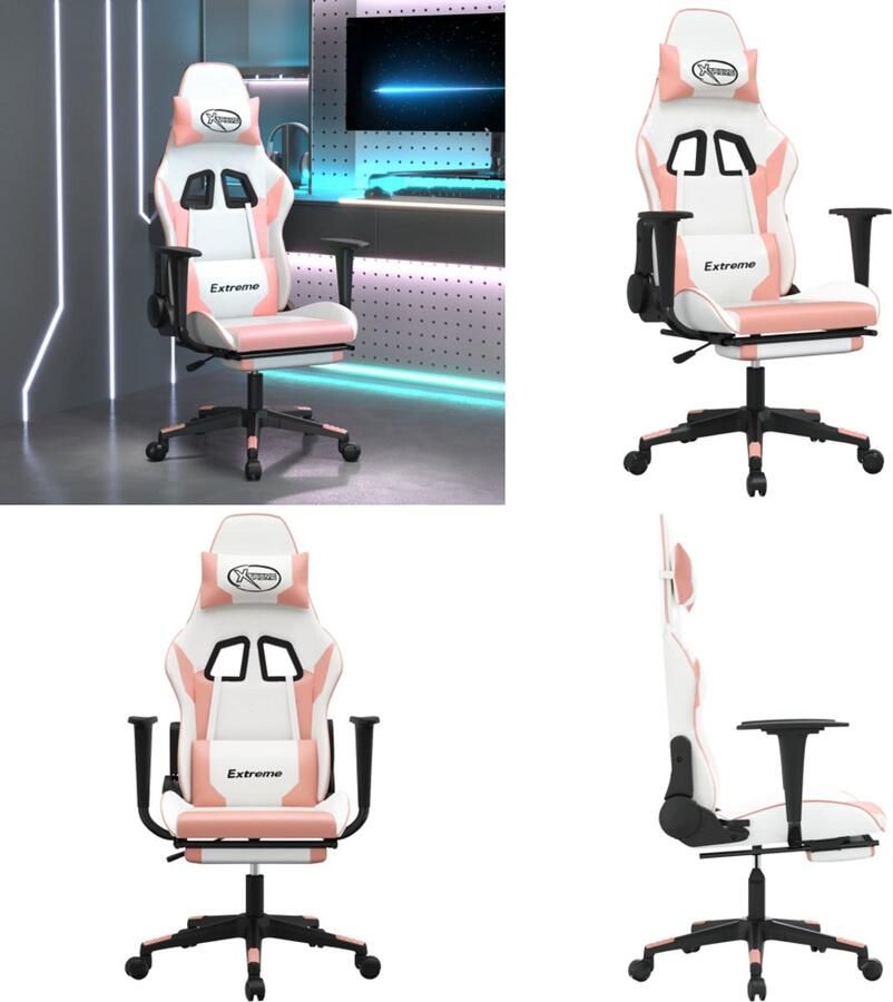 VidaXL Gamestoel met voetensteun kunstleer wit en roze Gamingstoel Gamingstoelen Televisiestoel Racingstoel