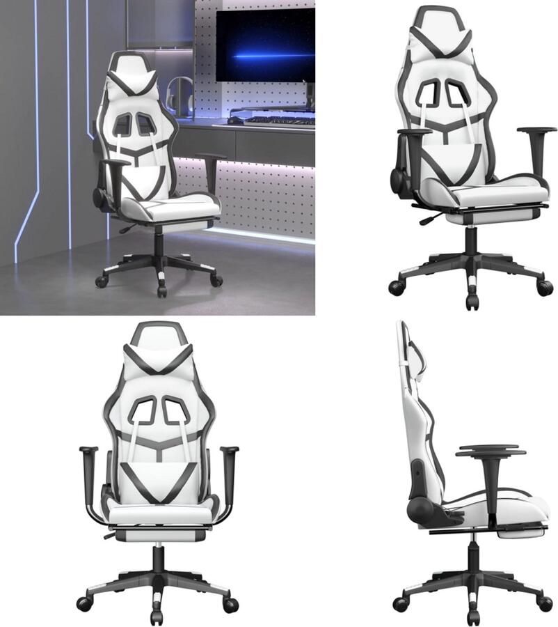 VidaXL Gamestoel met voetensteun kunstleer wit en zwart Gamingstoel Gamingstoelen Televisiestoel Racingstoel