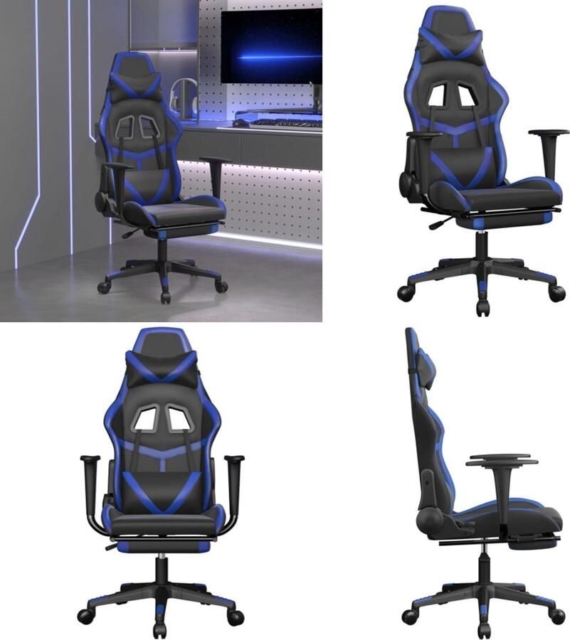 VidaXL Gamestoel met voetensteun kunstleer zwart en blauw Gamingstoel Gamingstoelen Televisiestoel Racingstoel
