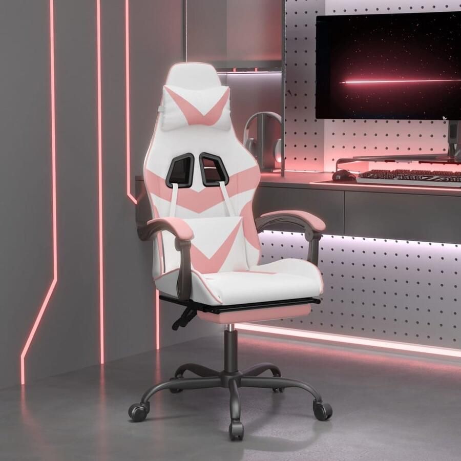VidaXL Gamestoel Verstelbaar Kunstleer Wit Roze Gamestoel Gamingstoel Pc Stoel Bureaustoel Kunstleder Witte Stoel Roze Stoel Verstelbare Stoel Voetenbank Relaxstoelen Gamer Accessoires - Foto 2