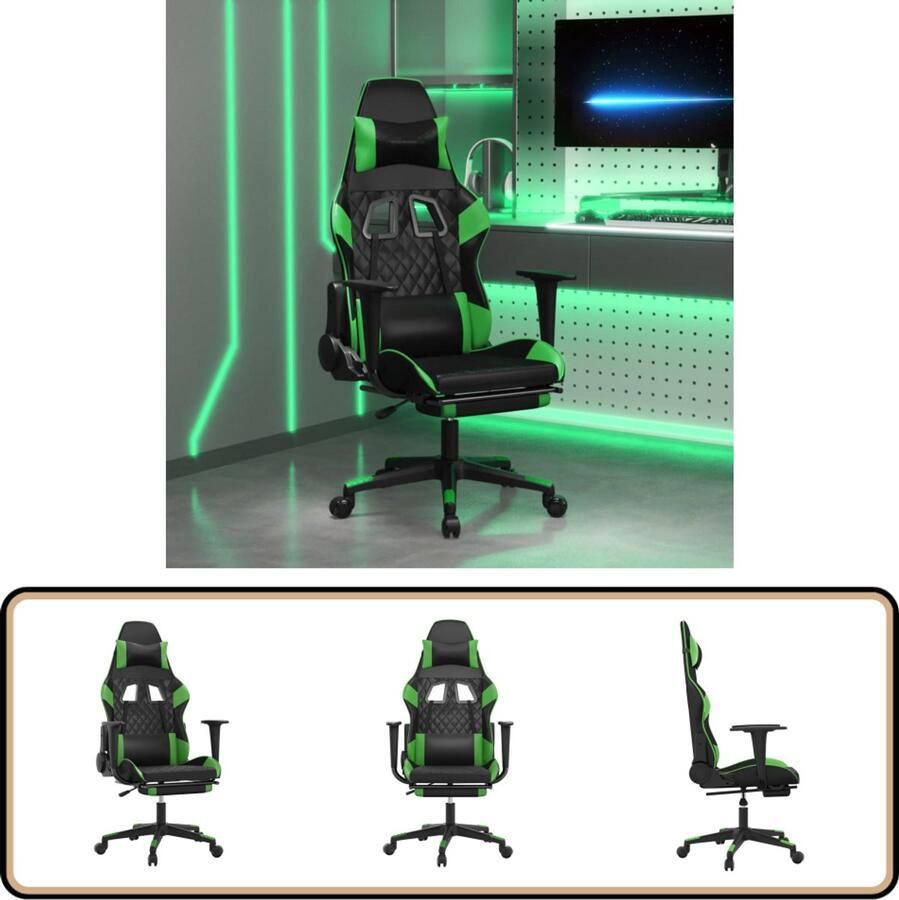 VidaXL Gamestoel met voetensteun zwart groen Gamestoel Gamingstoel Kunstleder Zwarte Gamestoel Groene Gamestoel Verstelbare Gamestoel Ergonomische Stoel Computerstoelen
