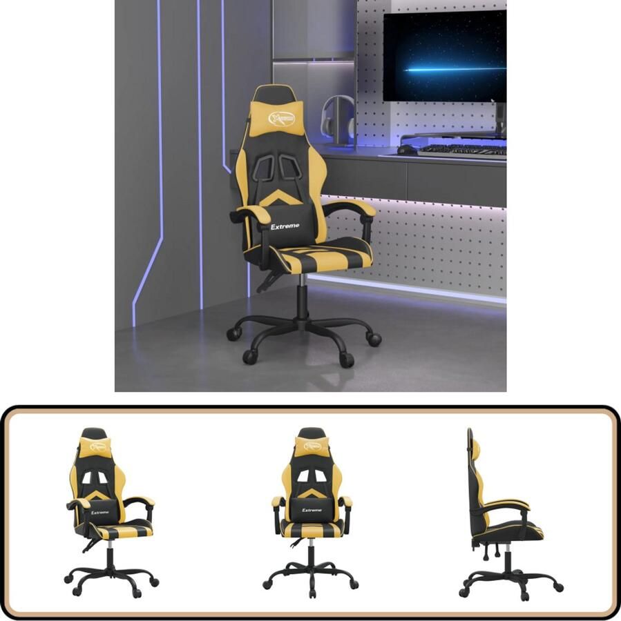 VidaXL Gamestoel Zwart en Goud Kunstleer Gamestoel Gamingstoel Ergonomische Stoel Verstelbare Stoel Massagestoel Kantoorstoelen Pc Stoel Computerstoel Zwarte Stoel Gouden Stoel