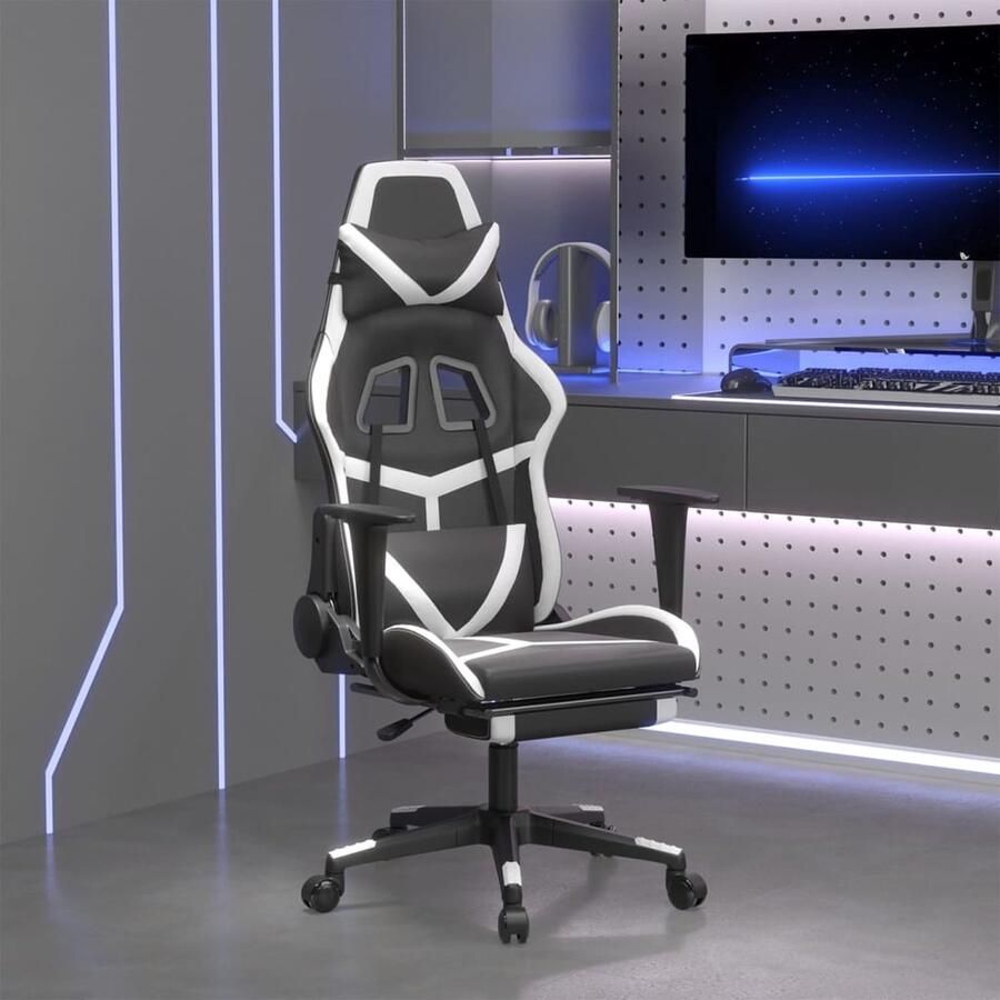 VidaXL Gamestoel zwart-wit met voetensteun Gamestoel Gamingstoel Bureaustoel Kantoorstoelen Computerstoel Verstelbare Stoel Ergonomische Stoel Kunstleder Stoel Zwarte Stoel Witte Stoel - Foto 2