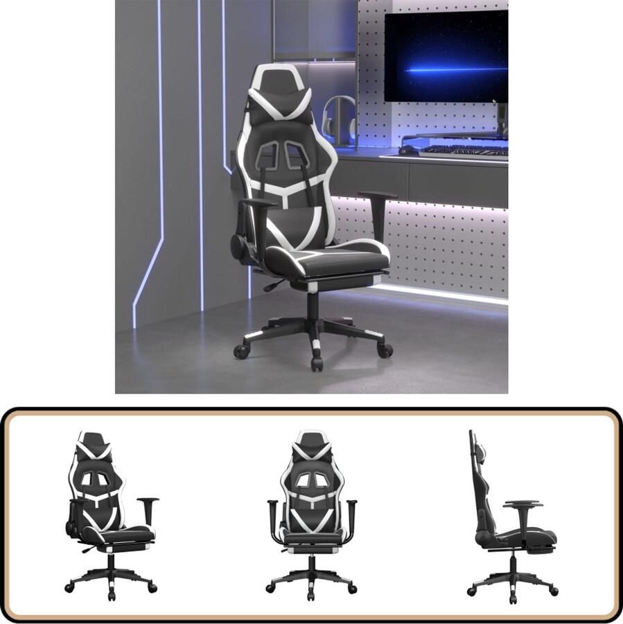 VidaXL Gamestoel zwart-wit met voetensteun Gamestoel Gamingstoel Bureaustoel Kantoorstoelen Computerstoel Verstelbare Stoel Ergonomische Stoel Kunstleder Stoel Zwarte Stoel Witte Stoel
