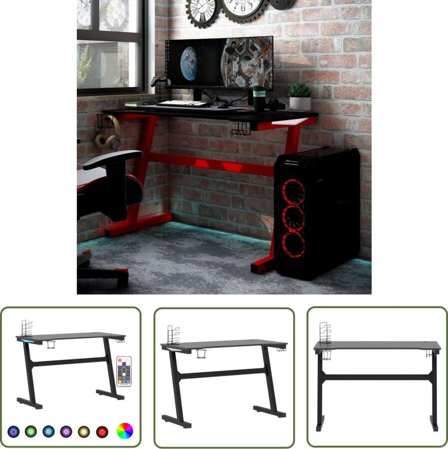 The Living Store Gamingbureau LED Ergonomisch Design Koptelefoonrek Bekerhouder Ruimte voor Monitor en PC Z-vormige Poot Zwart 110x60x75cm LED Bureau Gaming Bureau Ergonomisch Bureau Met Led Verlichting Koptelefoonrek - Foto 2