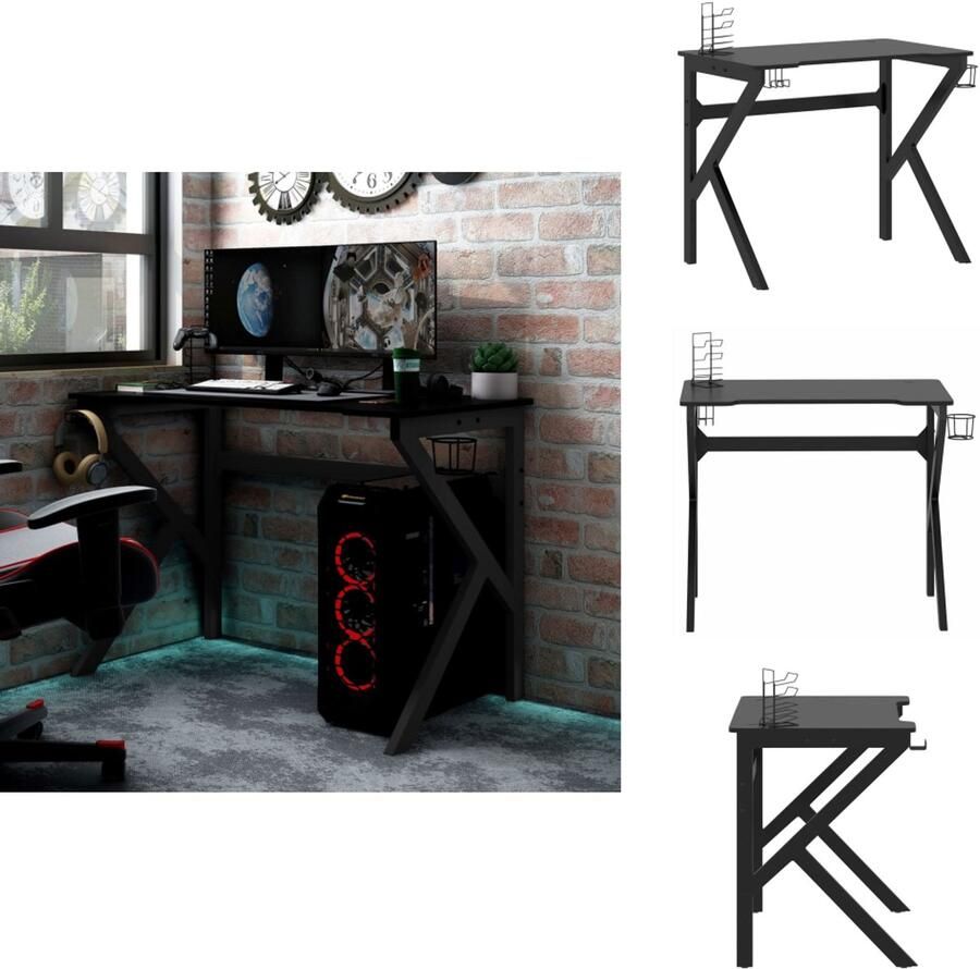 VidaXL Gamingbureau Gamingbureaus Speeltafel Speeltafels Gamingbureau met K-vormige poten 90x60x75 cm zwart - Foto 2