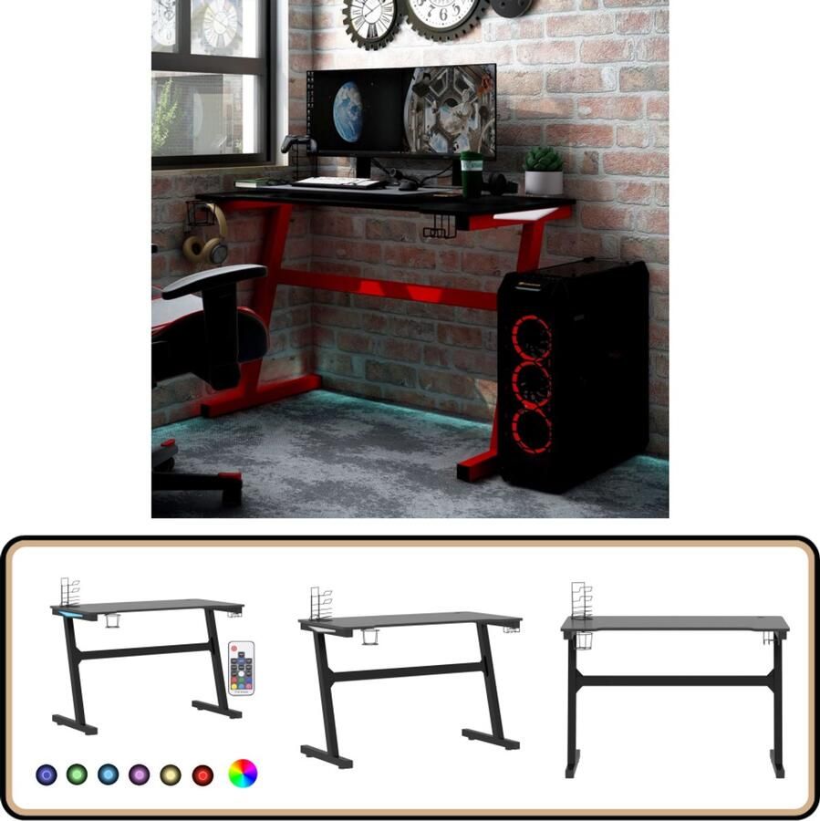 VidaXL Gamingbureau Z-vormig LED 110x60x75 cm LED Bureau Gaming Bureau Ergonomisch Bureau Met Led Verlichting Zwarte Bureau