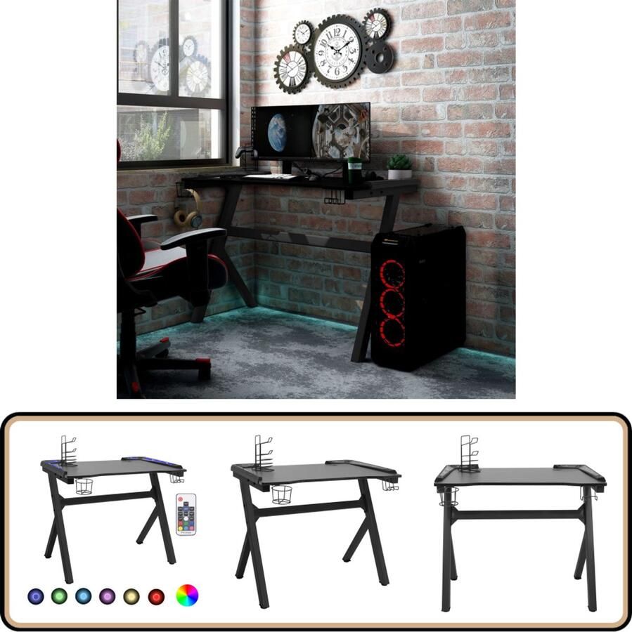 VidaXL Gamingbureau Zwart LED Y-poten 110x60x75 cm Gamingbureau Led Bureau Rgb Verlichting Ergonomisch Bureau Kantoorbureau Werkplek
