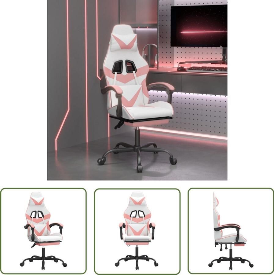 The Living Store Gamestoel draaibaar met voetensteun kunstleer wit en roze Gamestoel Gamingstoel Pc Stoel Bureaustoel Kunstleder Stoel