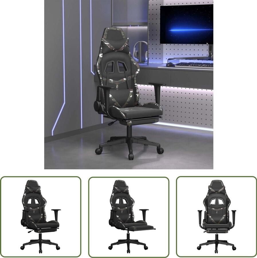 The Living Store Gamestoel Camouflage Kunstleer Massagefunctie Verstelbare rugleuning en voetensteun Stevig en stabiel frame Zwart 67x64x116-127cm Gamestoel Gamingstoel Massagefunctie Ergonomisch Kunstleder - Foto 2