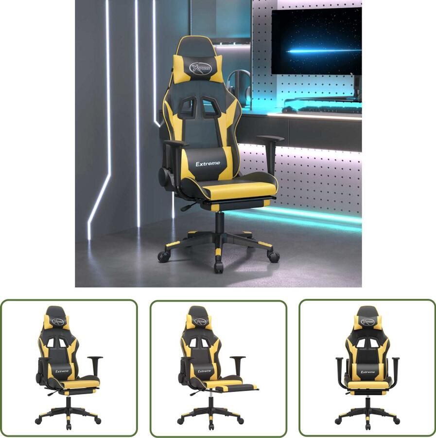 The Living Store Gamestoel Zwart en Goud Kunstleer Massagefunctie Verstelbare Rugleuning en Voetensteun Stabiel Frame 67x58x(118-128)cm Gamestoel Gamingstoel Massagefunctie Zwarte Gamestoel Gouden Gamestoel - Foto 2