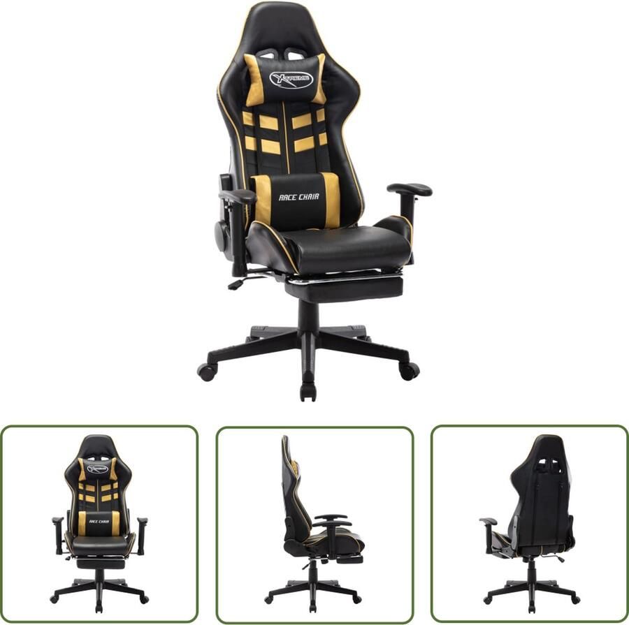 The Living Store Gamestoel Zwarte en gouden metalen bureaustoel 67 x 61 x (123 133) cm Met verstelbare hoge rugleuning en uittrekbare voetensteun Draagvermogen 110 kg - Foto 2