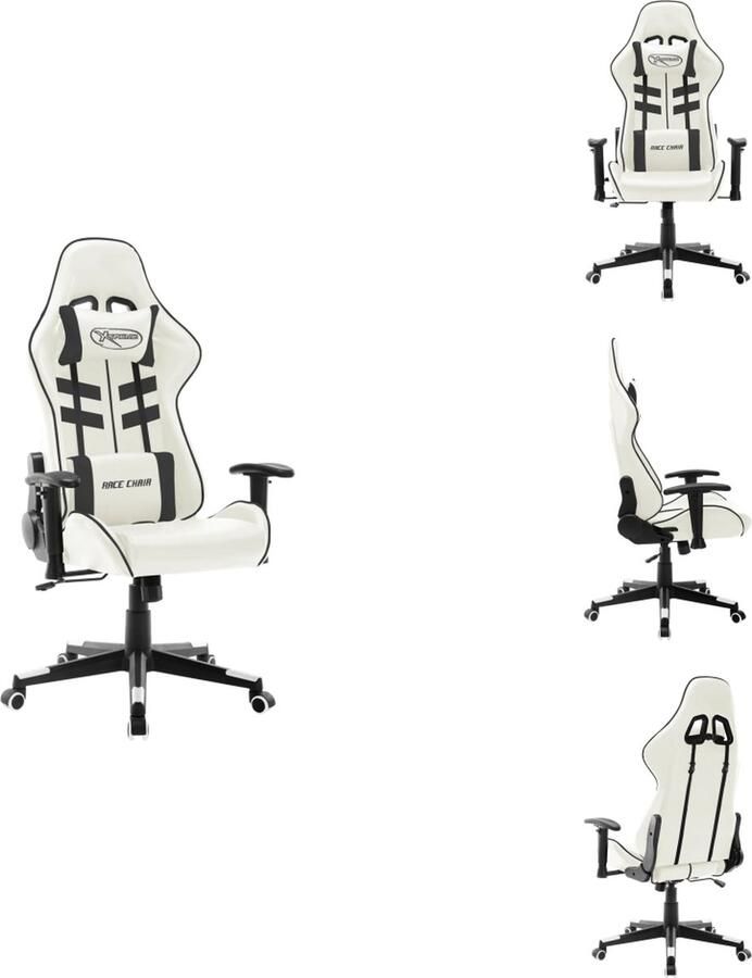 VidaXL Gamestoel Racing Dik Gevoerd Comfortabele game-ervaring Hoge rugleuning Verstelbaar Extra kussens 5 Zwenkwieltjes Wit Zwart Metaal Kunstleer 67x61x(123-133) cm Bureaustoel