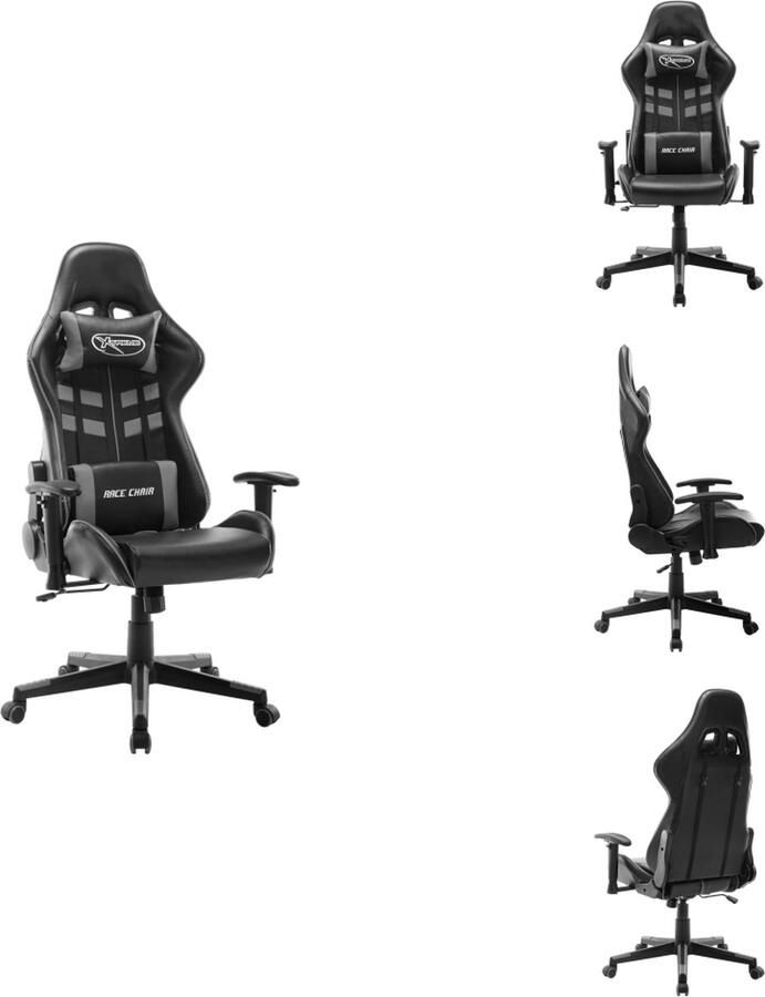 VidaXL Gamestoel Dik gevoerd Hoge rugleuning In hoogte verstelbaar Met extra kussens 5 zwenkwieltjes Zwart grijs 67 x 61 x (123-133) cm Draagvermogen 110 kg Bureaustoel