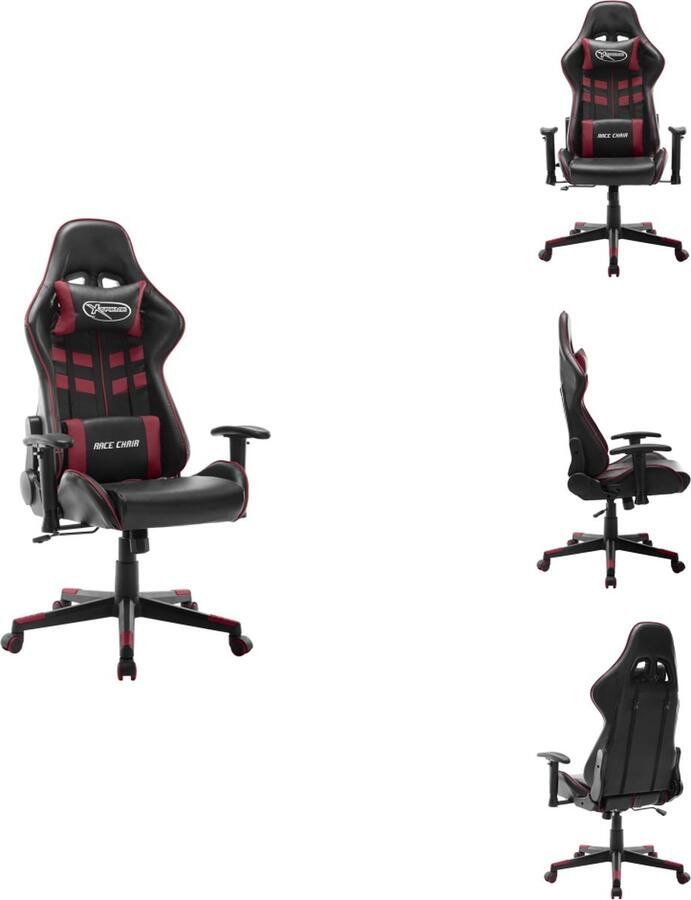 VidaXL Gamestoel Dik gevoerd Hoge rugleuning In hoogte verstelbaar Extra kussens 5 zwenkwieltjes Zwart wijnrood Metaal kunstleer 67x61x(123-133)cm Bureaustoel