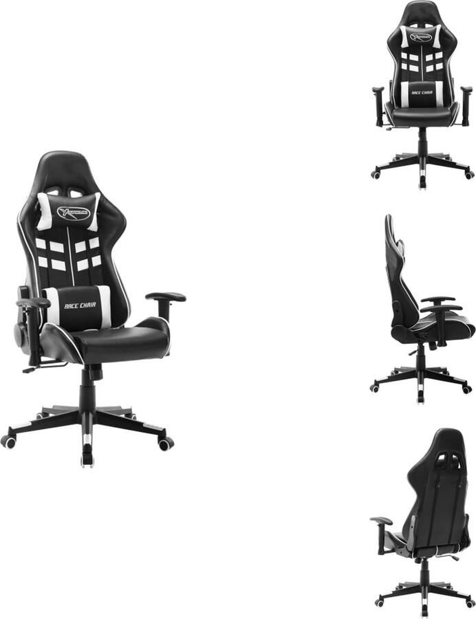 VidaXL Gamestoel Dik gevoerd Hoge rugleuning Verstelbaar 2 kussens 5 zwenkwieltjes Zwart Wit Metaal Kunstleer 67x61x(123-133) cm Bureaustoel