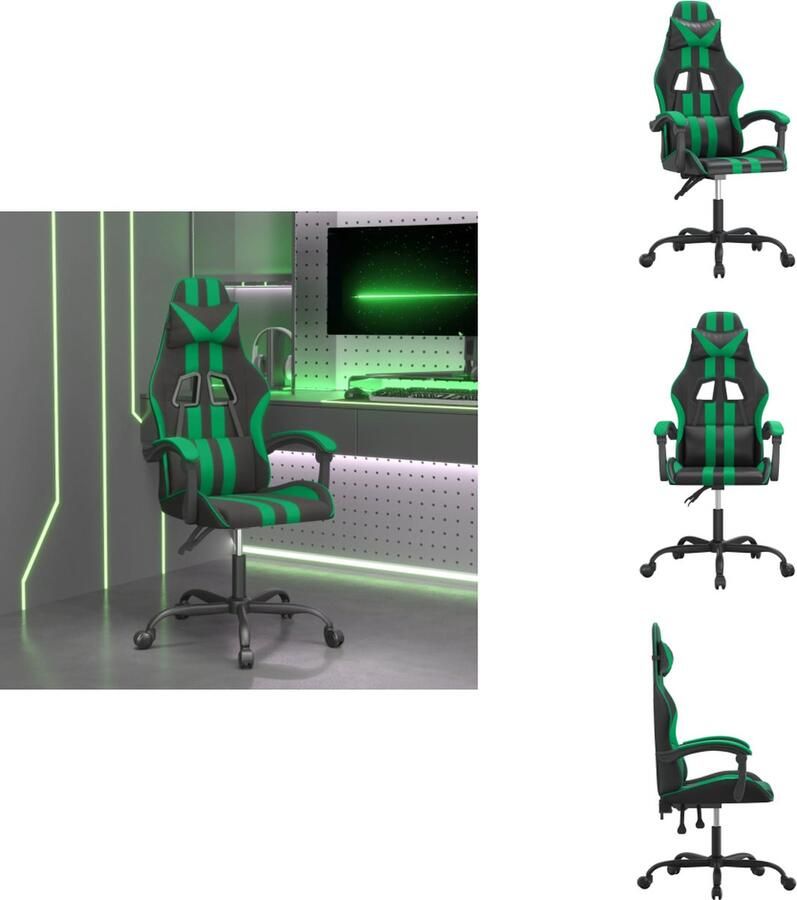 VidaXL Gamestoel Ergonomisch Kunstleer Verstelbare rugleuning Inclusief extra kussens Zwart en groen 57.5 x 59.5 x (121 131) cm 135 graden lighoek Massagepunt Bureaustoel - Foto 2