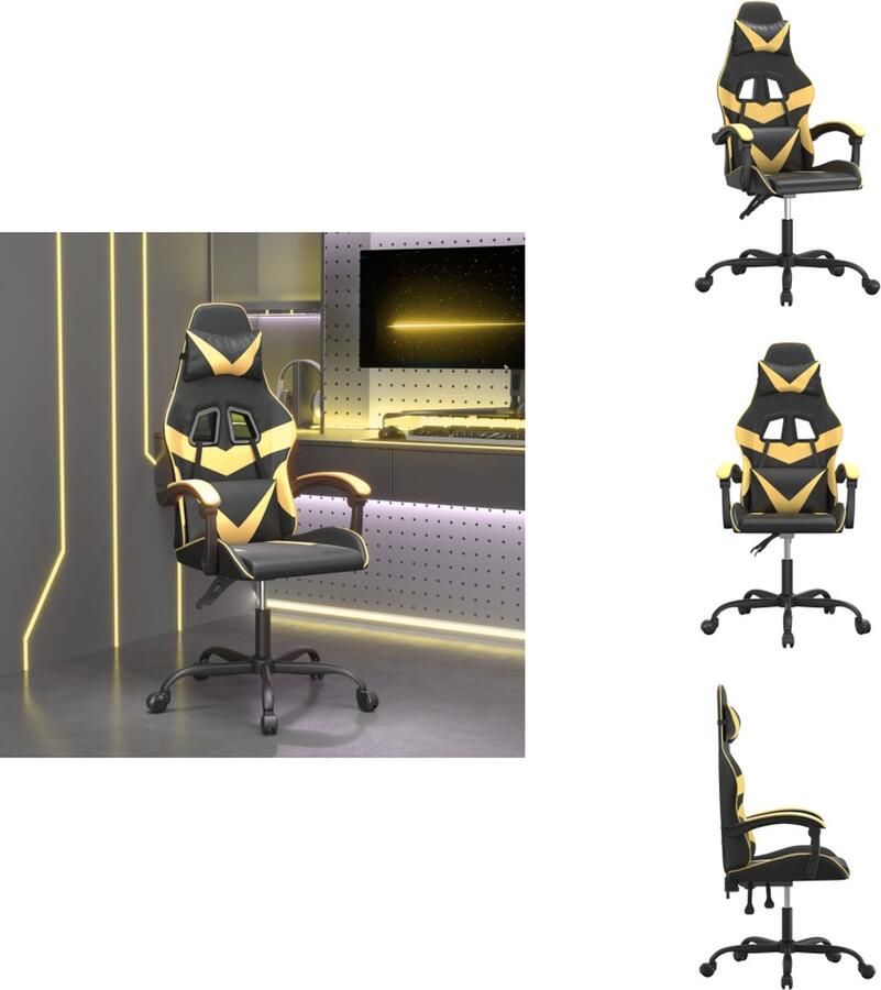 VidaXL Gamestoel Zwart en Goud Kunstleer Inclusief Extra Kussens Verstelbare Rugleuning en Hoogte 135 graden Lighoek Massagepunt Gasveermechanisme Montagehandleiding Inbegrepen Bureaustoel