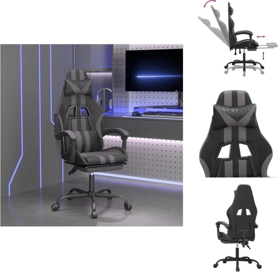 VidaXL Gamingstoel Gamingstoelen Televisiestoel Racingstoel Gamestoel draaibaar met voetensteun kunstleer zwart en grijs - Foto 2