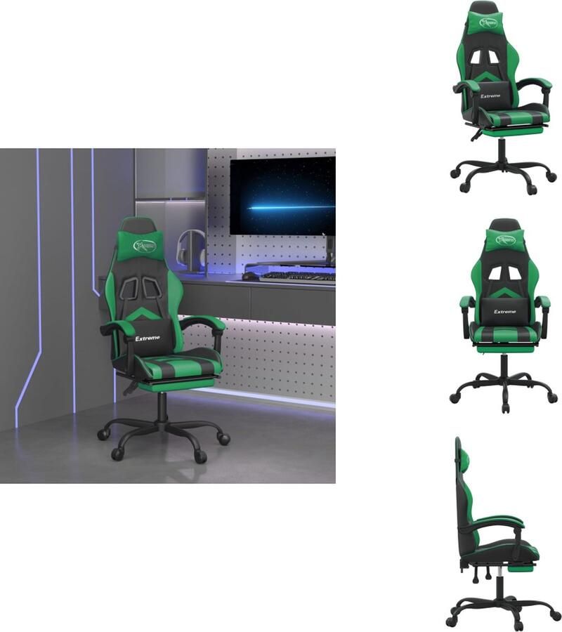 VidaXL Gamingstoel Gamingstoelen Televisiestoel Racingstoel Gamestoel draaibaar met voetensteun kunstleer zwart en groen