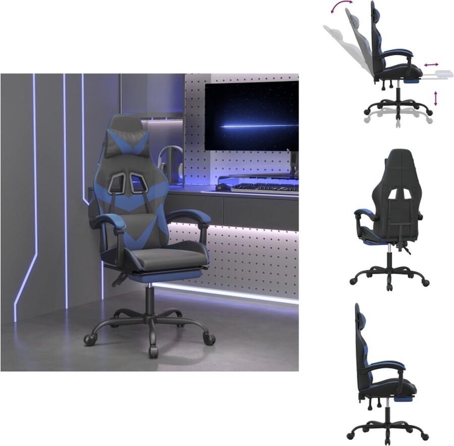 VidaXL Gamingstoel Gamingstoelen Televisiestoel Racingstoel Gamestoel draaibaar met voetensteun kunstleer zwart en blauw