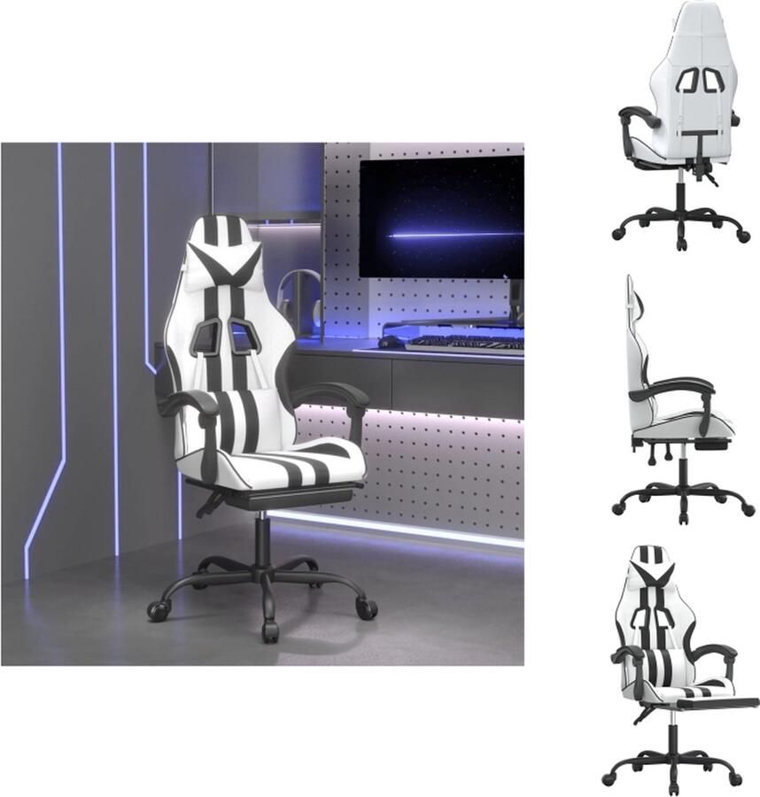 VidaXL Gamingstoel Wit Zwart 57.5 x 59.5 x (121-131) cm Duurzaam kunstleer Extra kussens Verstelbaar 360 graden draaibaar Stevig frame Bureaustoel