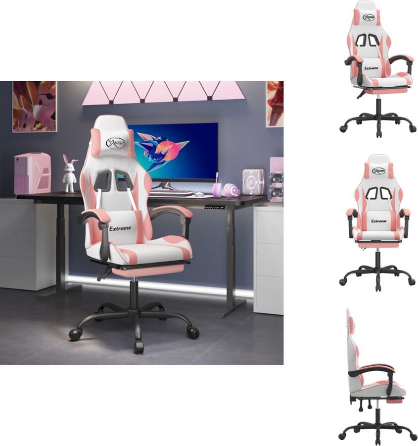 VidaXL Gamingstoel Gamingstoelen Televisiestoel Racingstoel Gamestoel draaibaar met voetensteun kunstleer wit en roze