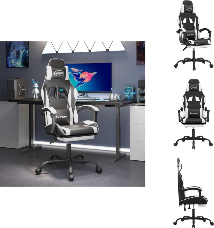 VidaXL Gamingstoel Gamingstoelen Televisiestoel Racingstoel Gamestoel draaibaar met voetensteun kunstleer zwart en wit