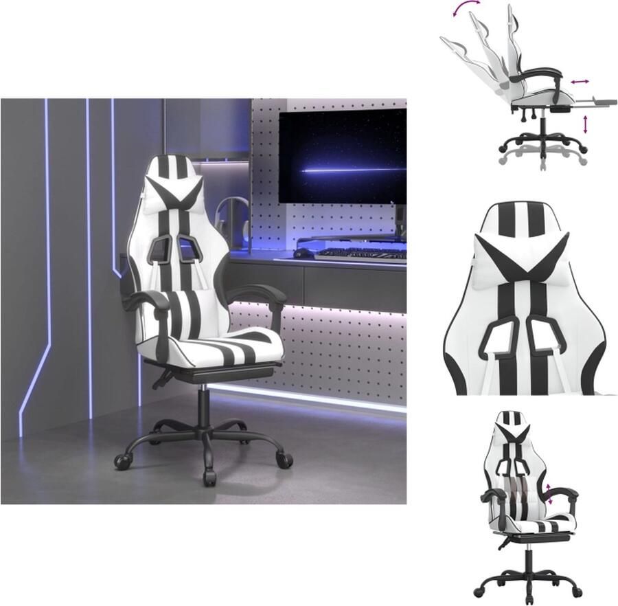 VidaXL Gamestoel Zwarte en witte kunstleren stoel Verstelbare rugleuning en voetensteun Stevig en stabiel frame Totale afmetingen- 57.5 x 59.5 x (121 131) cm Bureaustoel