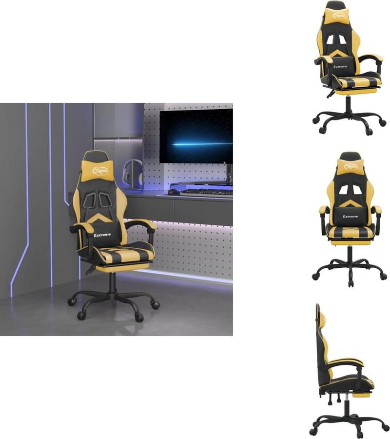 VidaXL Gamingstoel Gamingstoelen Televisiestoel Racingstoel Gamestoel met voetensteun kunstleer zwart en goudkleurig