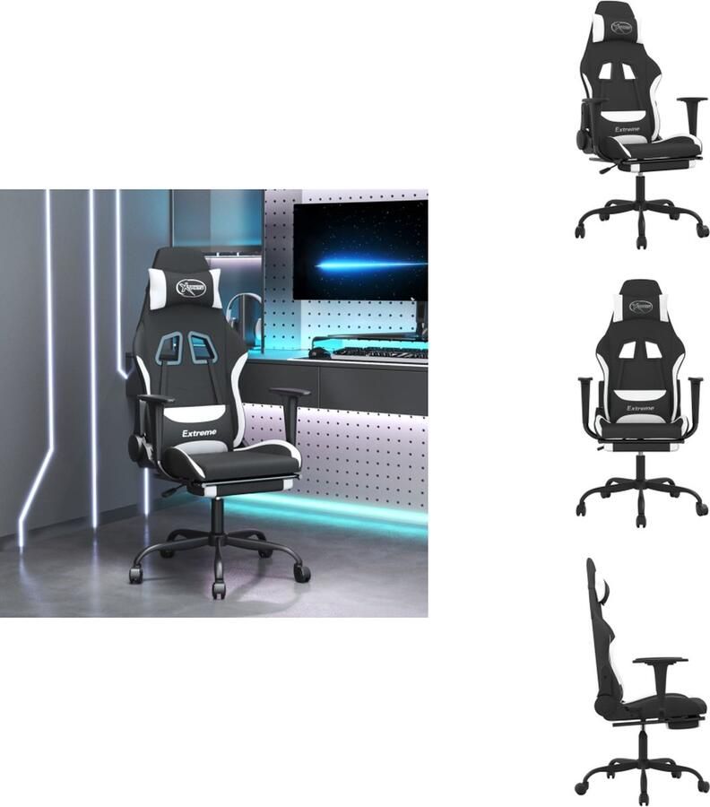 VidaXL Gamingstoel Gamingstoelen Televisiestoel Racingstoel Gamestoel met voetensteun stof zwart en wit - Foto 2