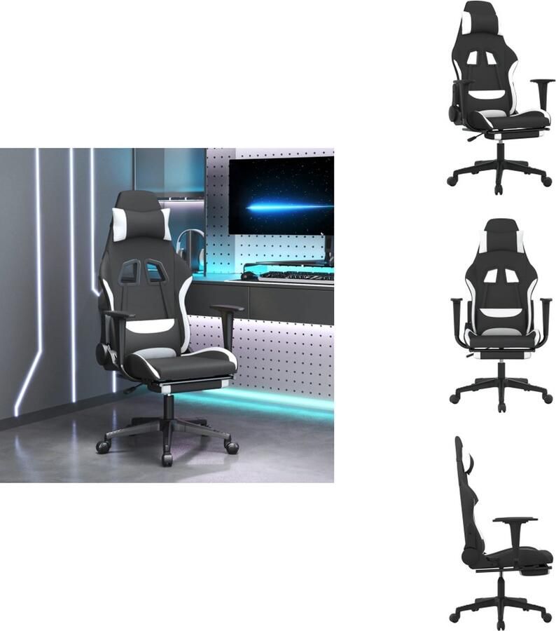 VidaXL Gamestoel Ergonomisch en Duurzaam Massagefunctie Verstelbaar 360 graden draaibaar Stevig frame Zwart en wit 66x58x(120-130)cm Bureaustoel - Foto 2