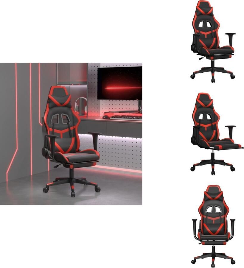 VidaXL Gamestoel Zwart Rood Kunstleer Massagefunctie Verstelbare rugleuning en voetensteun Handig ontwerp Stevig en stabiel frame 67x64x(116-127)cm Bureaustoel