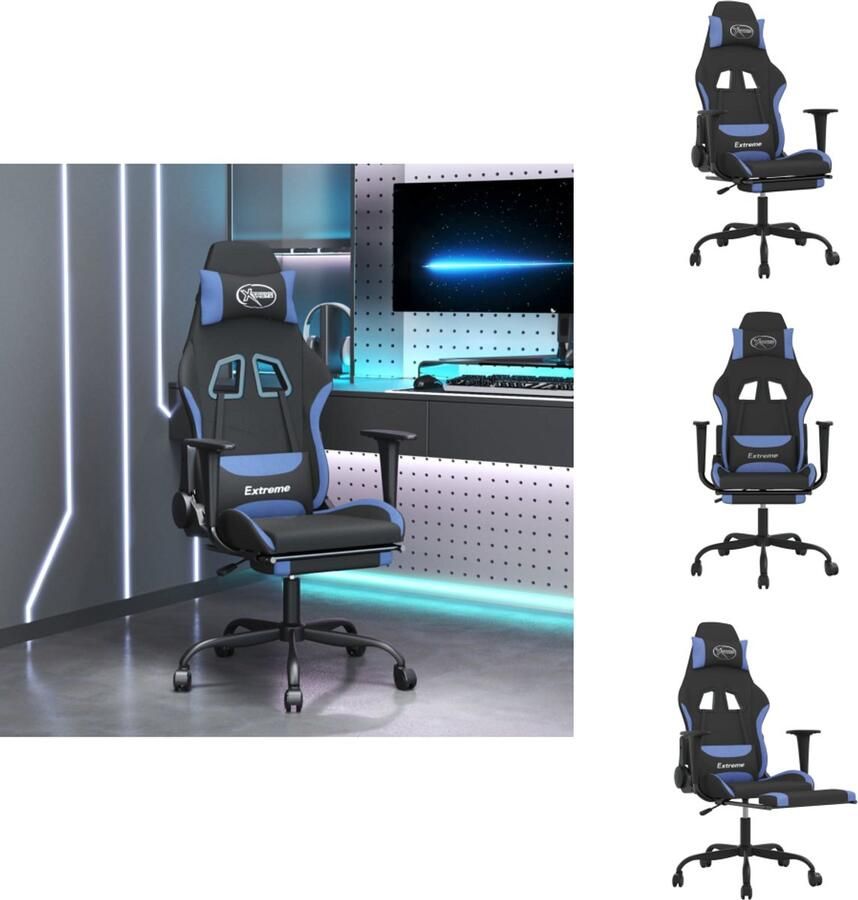 VidaXL Gamestoel Ergonomisch Massagefunctie Verstelbaar 360 graden draaibaar Stevig frame Zwart Blauw 64x60x127cm Bureaustoel