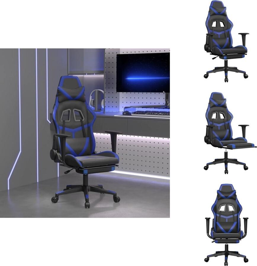 VidaXL Gamingstoel Gamingstoelen Televisiestoel Racingstoel Massage gamestoel met voetensteun kunstleer zwart en blauw