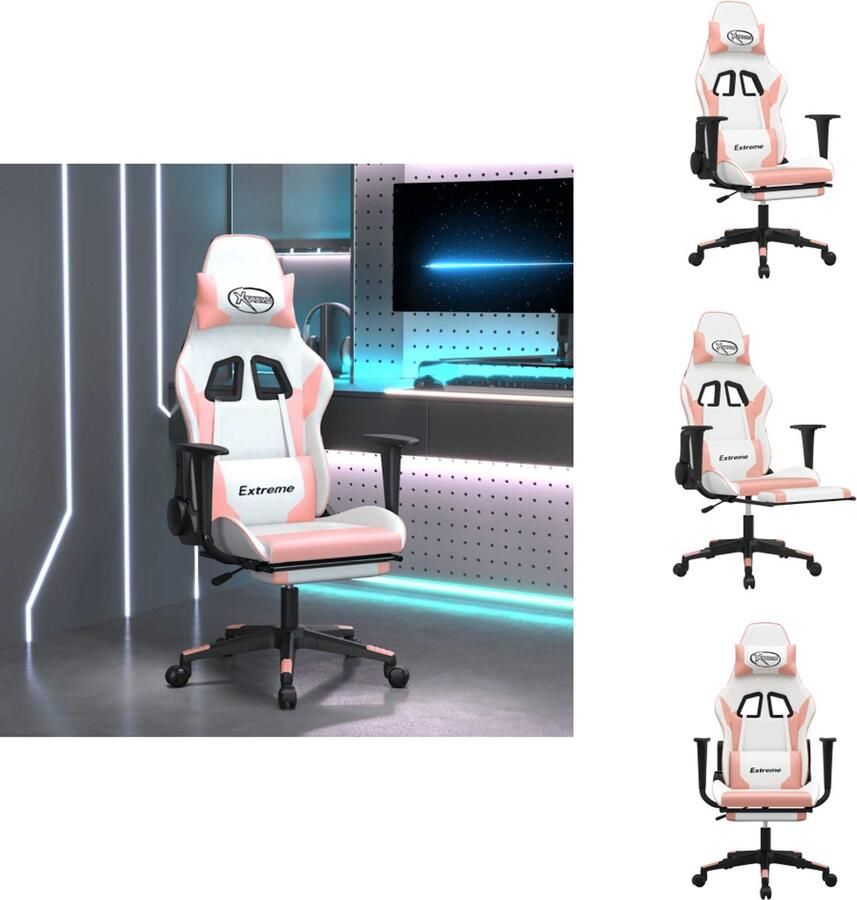 VidaXL Gamingstoel Gamingstoelen Televisiestoel Racingstoel Massage gamestoel met voetensteun kunstleer wit en roze