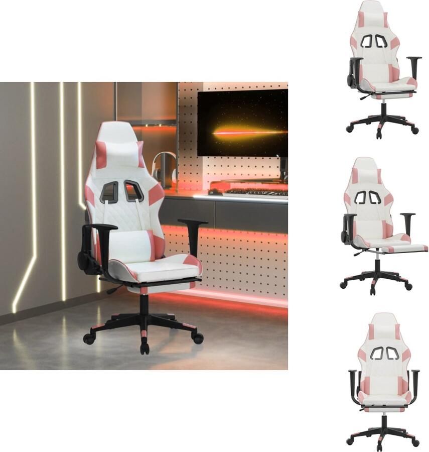 VidaXL Gamingstoel Gamingstoelen Televisiestoel Racingstoel Massage gamestoel met voetensteun kunstleer wit en roze