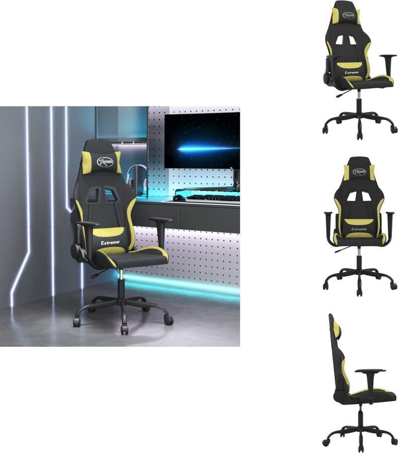 VidaXL Gamestoel Massagefunctie Verstelbare rugleuning en voetensteun 360 graden draaibaar Stevig en stabiel frame Zwart en lichtgroen 65 x 62.5 x (120-130) cm 65 x 96 x (106-116) cm Bureaustoel